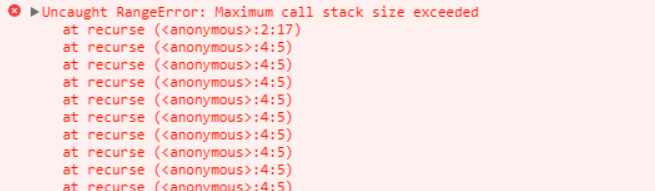 Browser error message reading "Maximum call stack size exceeded" caused by infinite recursion